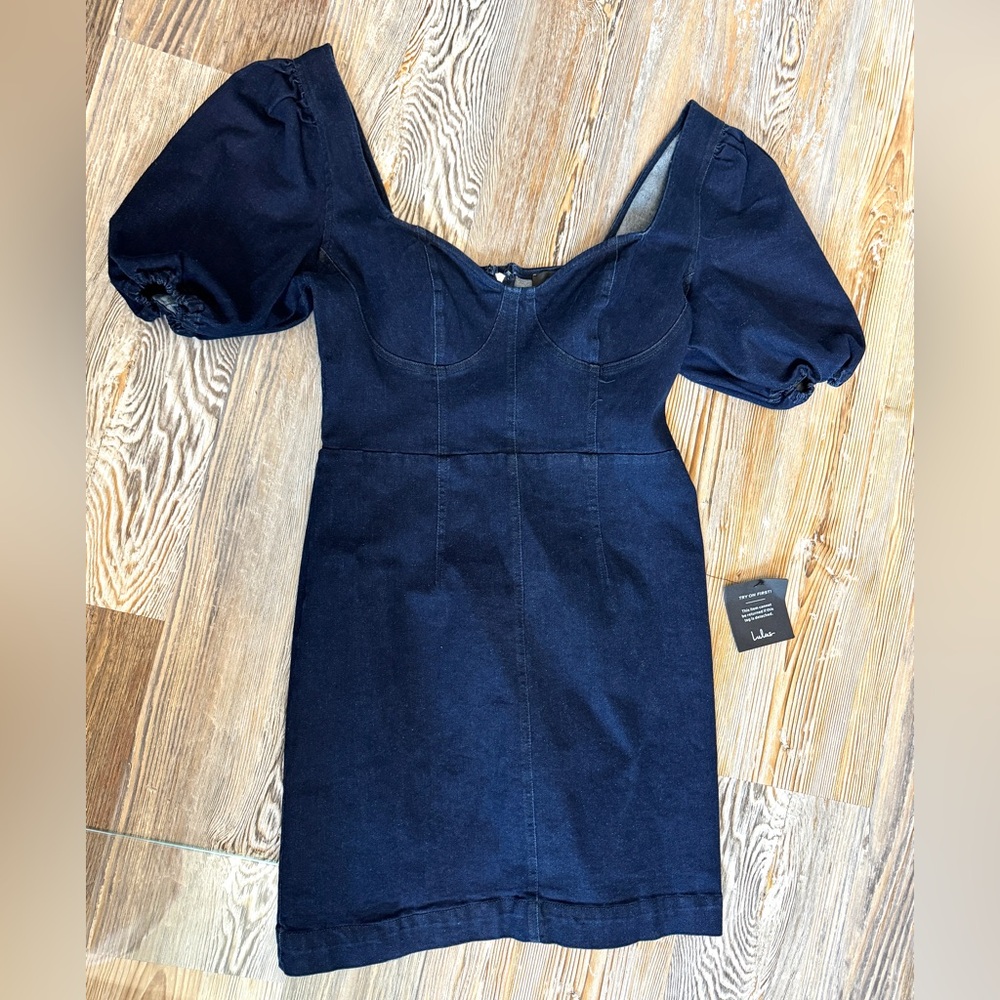 NWT Lulus Trendsetting Babe Dark Wash Denim Puff Sleeve Bustier Mini Dress